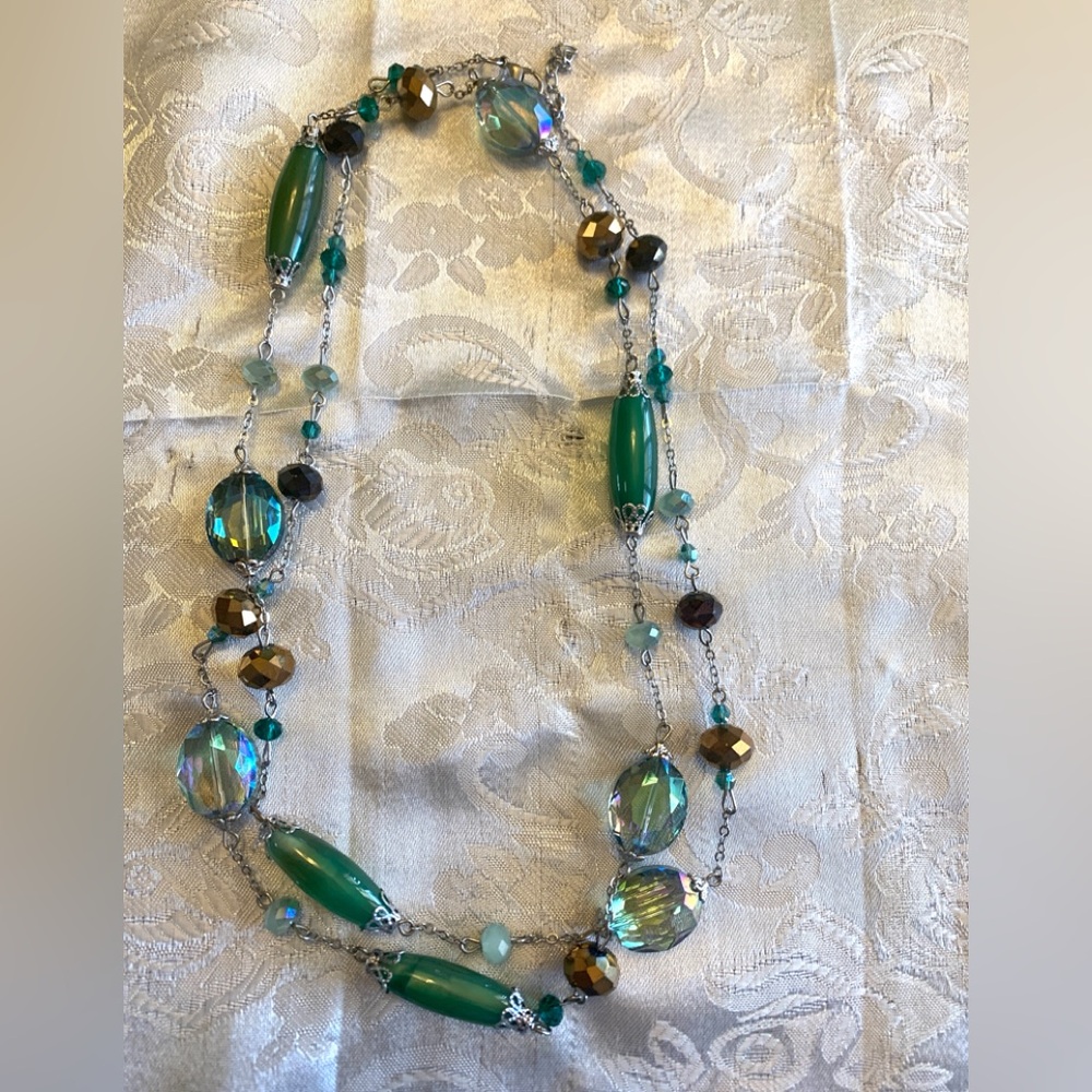 Vintage Premier Designs Green Jade and Iridescent Bead Long Necklace